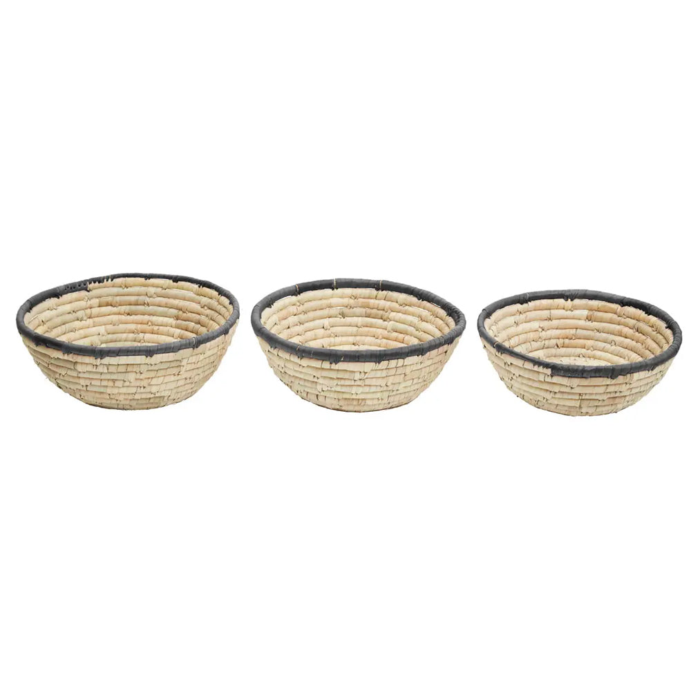 Deland Set Of 3 Palm Leaf Baskets With Black Trim