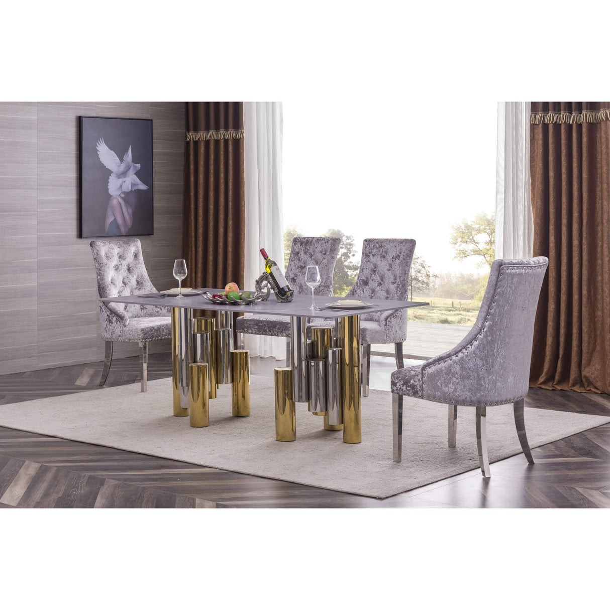 Algarve Marble Dining Table With Stainless Steel Base Silver And Gold