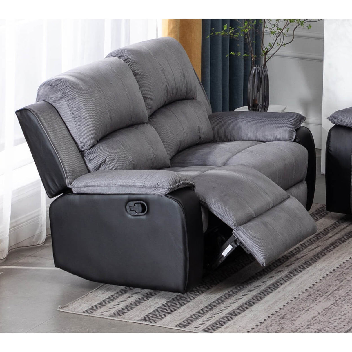 Earlsden Recliner Grey Fabric And Black PU 2 Seater