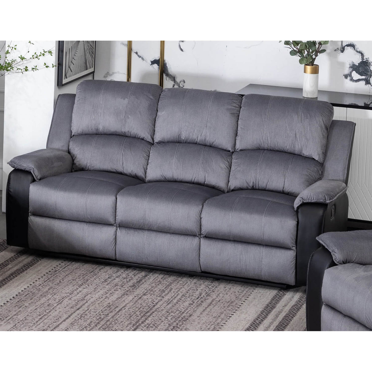 Earlsden Recliner Grey Fabric And Black PU 3 Seater